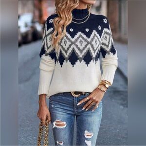 Fair Isle Knit Sweater Mock Top Navy Blue Off White Gray